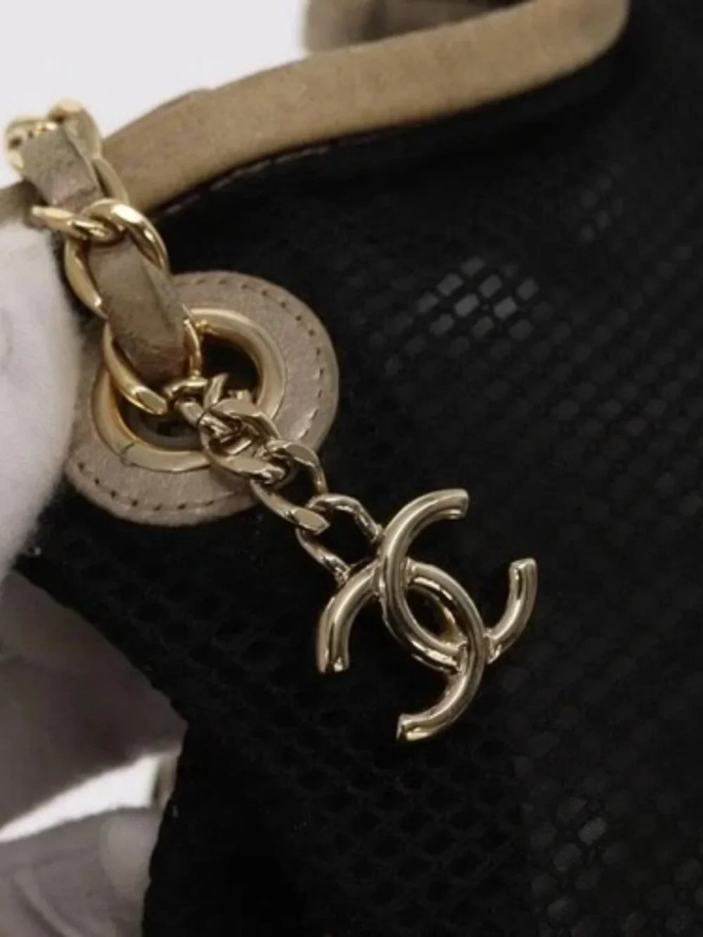 CHANEL Chain Shoulder Bag Nylon Leather Black Gold CC Auth bs32086